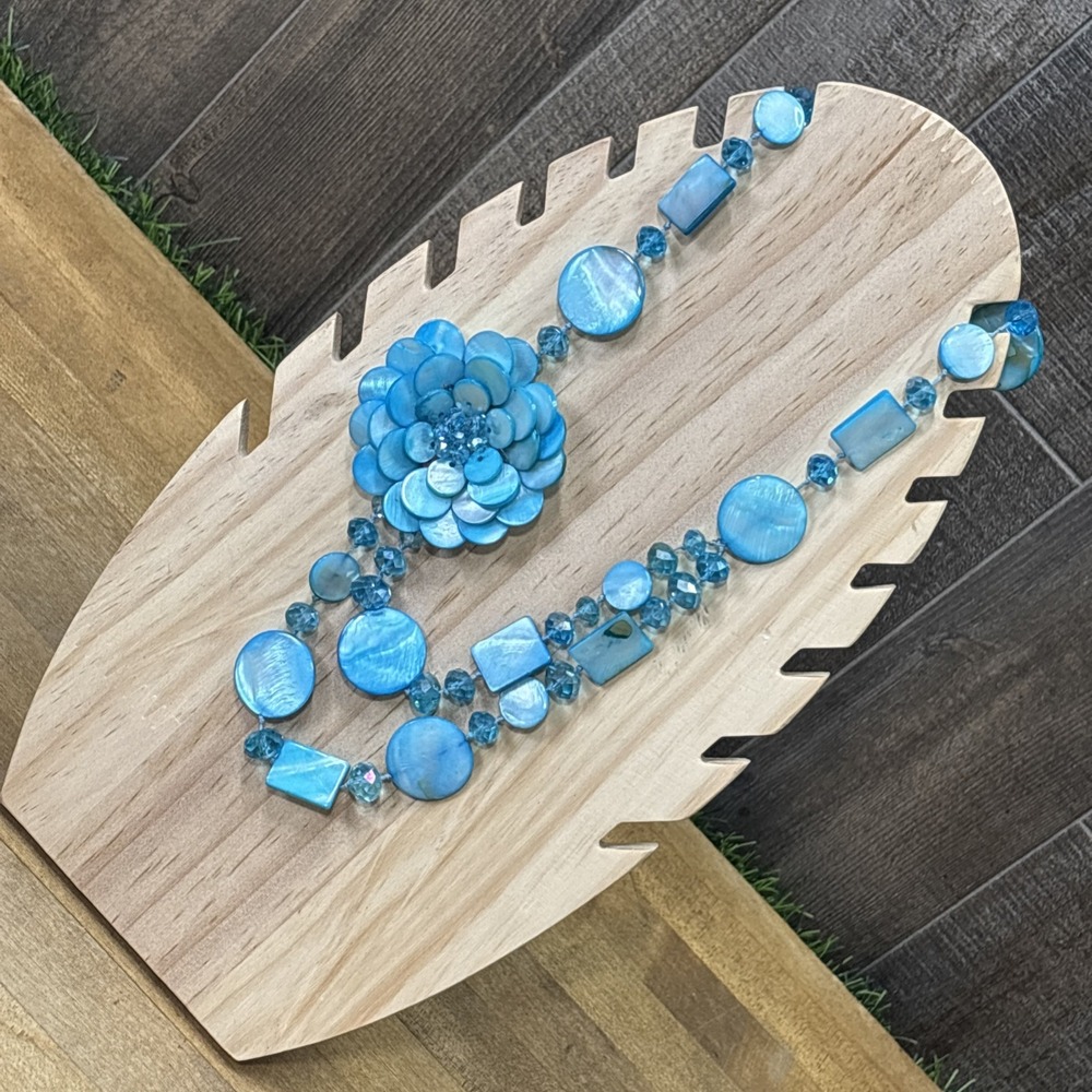 Retro Aqua Blue Acrylic Flower Statement Necklace Layered Double Strand